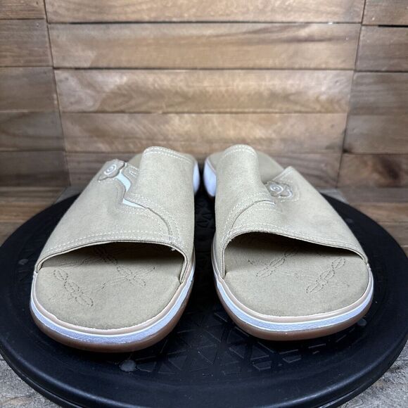 Clarks Women’s Size US 8 Tan White Slip On Suede Slide Casual Sandals - Picture 2 of 10